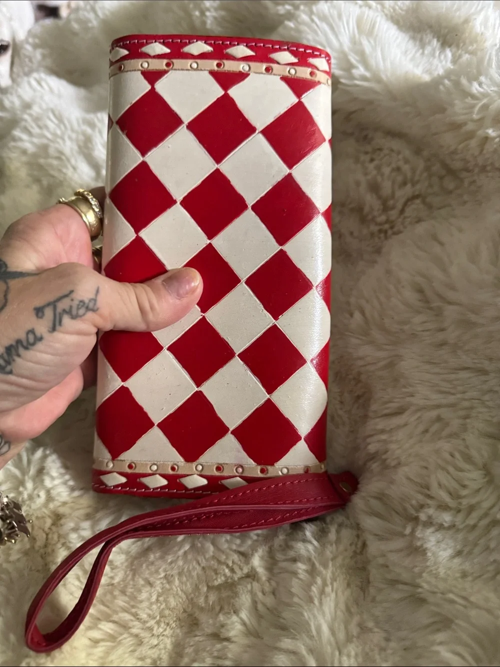 Hand painted  leather Red and White Diamond-Pattern Women's Clutch Wallet